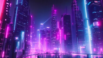 Canvas Print - A vibrant cityscape at night, showcasing a modern metropolis with futuristic architecture and brightly illuminated neon lights, Glowing neon cityscape in a futuristic city