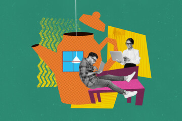 Poster - Composite collage picture image of remote working from home couple marriage comfort house concept fantasy billboard comics zine minimal