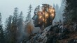 Surreal human head in misty mountain forest: conceptual image depicting a surreal human profile blended with a misty forest landscape at dawn