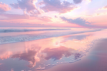 Wall Mural - a serene beach scene with pastel-colored sunset hues. pink sky and clouds reflected in water at beac