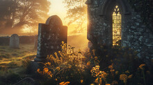 Old Churchyard Tombstone Basking In Morning Sunlight, Evoking Tranquility And History