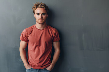 Wall Mural - Confident Young Man in Casual Red T-Shirt Posing Against a Grey Textured Background with Room for Copy Space
