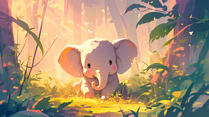 Sticker - Cute baby elephant in the jungle background illustration