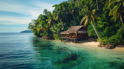 Wall Mural - A small hut on the beach surrounded by palm trees, AI