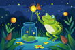 A frog catching fireflies in a jar