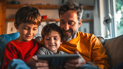 Little sports supporter. Positive young father watching a football game on TV with his little son, an emotional boy shouting enjoying the goal of favourite team, free space