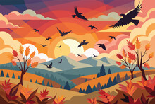 A Group Of Birds Migrating Across A Colorful Autumn Sky