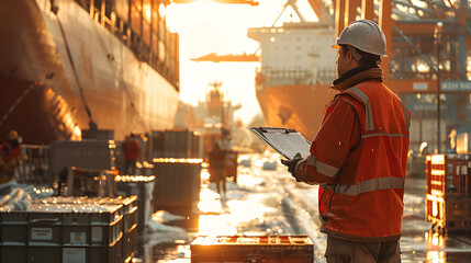 industrial background as a container cargo inspector working with shipping agents to inspect goods in the container