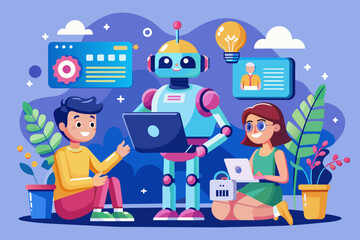 Poster - AI assistant characters collaborating on a digital project