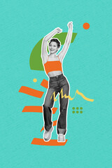 Poster - Vertical image collage of happy cheer girl nightlife wear stylish hipster jeans top cloth dance club disco isolated on painted background