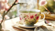 エレガントな花柄のティーカップに入れた緑茶