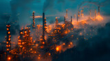 Fototapeta  - a massive industrial refinery, featuring intricate piping systems and engulfed in a chemical haze, illuminated by the artificial glow of halogen lights