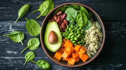 Making a nutritious salad with quinoa avocado sweet potato beans herbs and spinach on a rustic background for a clean healthy vegan vegetarian meal 