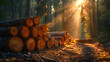 a pile and stack of wooden logs timber in a forest.
