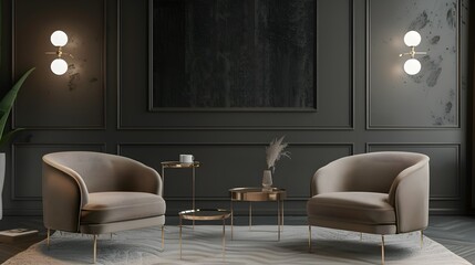 Wall Mural - Luxury living room in dark color. Gray walls, warm ligh and lounge furniture - taupe chairs. Empty space for art or picture. Rich interior design. Mockup of a lounge room or hall reception. 3d render