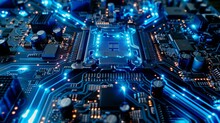 A Close Up Of A Computer Motherboard With Blue Lights, AI