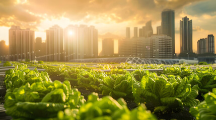 Canvas Print - Green Urban Farming Big City in Background