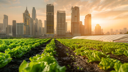 Green Urban Farming Big City in Background