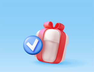 Poster - 3D gift box with blue checkmark isolated. Render giftbox with check mark icon. Confirmation, right choice concept. Approved delivery. Agreement, approval or trust symbol. Vector illustration