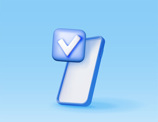 Poster - 3D smartphone with blue check mark. Render checkmark on smart phone screen. Confirmation, right choice concept. Agreement, approval or trust symbol. Vector illustration