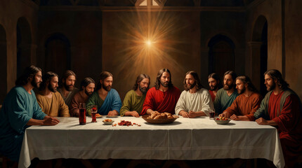 Wall Mural - Jesus Christ with his eleven disciples after Judas's departure at The Last Supper in the Bible. 