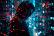 Silhouette of an anonymous hacker in a hood on a luminous background.