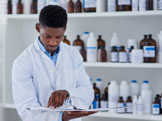 Poster - Folder, science and black man reading in laboratory, research and information for experiment. Doctor, expert and employee with document and file with test review, idea and feedback with medical notes