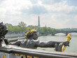 Sculpture on Alexander III bridge over Seine river and Eiffel Tower at background, Paris, France
