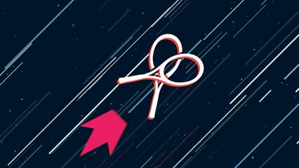 Poster - Crossed tennis rackets symbol flies through the universe on a jet propulsion. The symbol in the center is shaking due to high speed. Seamless looped 4k animation on dark blue background with stars