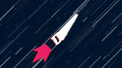 Poster - Hand saw symbol flies through the universe on a jet propulsion. The symbol in the center is shaking due to high speed. Seamless looped 4k animation on dark blue background with stars