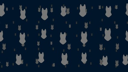 Poster - One-piece swimsuit symbols float horizontally from left to right. Parallax fly effect. Floating symbols are located randomly. Seamless looped 4k animation on dark blue background