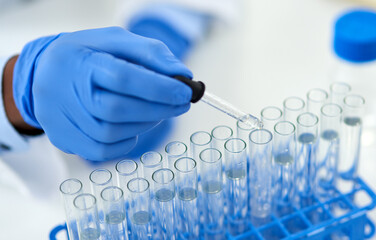 Poster - Hand, test tubes and medical development for drugs, medicine and pharmaceutical research. Scientist, laboratory and discovery for innovation, life extension and professional biochemistry expert