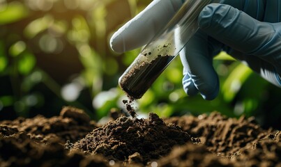 Scientist analyzing soil quality and seedling growth in laboratory test tube outdoors