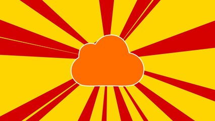 Poster - Cloud symbol on the background of animation from moving rays of the sun. Large orange symbol increases slightly. Seamless looped 4k animation on yellow background