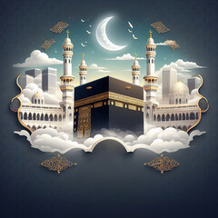 Sticker - Eid Mubarak design with Kaaba and minarets for hajj with Arabic text means - Islamic background on the sky, clouds, and moon 