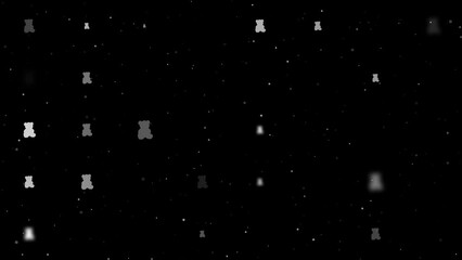 Poster - Template animation of evenly spaced teddy bear symbols of different sizes and opacity. Animation of transparency and size. Seamless looped 4k animation on black background with stars