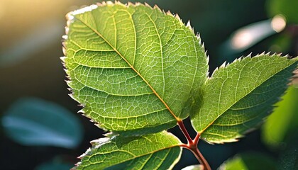 Wall Mural -  A delicate close-up of a rose leaf, showcasing its vibrant green color and smooth