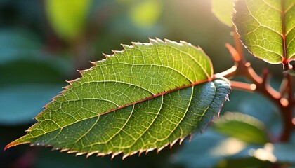 Wall Mural -  A delicate close-up of a rose leaf, showcasing its vibrant green color and smooth