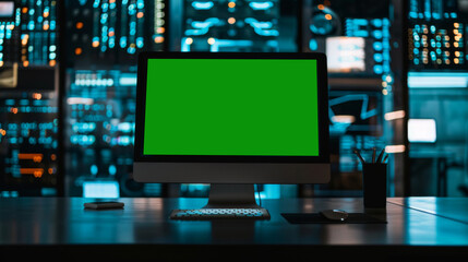 Wall Mural - Green screen in an AI analysis room on computer screens in a large high-tech data center. The concept of web services, machine learning, cybersecurity 41