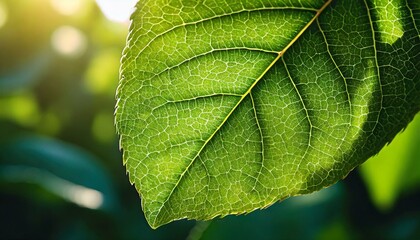 Wall Mural -  A lush close-up of an apple leaf, showcasing its vibrant green color and smooth, glossy