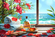 Towels with flowers, bottle of massage oil on beautiful background with window