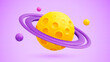 Cartoon yellow planet with craters and purple rings around. Creative Cute minimalistic 3d space symbol design for children's astronomy education and space theme. Cheese planet. Vector illustration