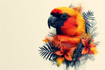 Vibrant Orange Parrot Portrait with Artistic Splatter and Botanical Elements