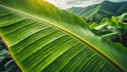 Wall Mural -  An exotic close-up of a banana leaf, highlighting its rich green color and intricate texture