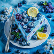 piece of blue birthday cake with blueberries and lemons