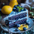 piece of blue celebratory cake with blueberries and lemons