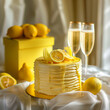 yellow celebration birthday cake with lemon with glasses of champagne