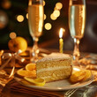 piece of yellow celebration birthday cake with lemon with glasses of champagne