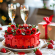 red celebration birthday cake with strawberry with glasses of champagne