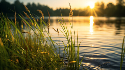 Wall Mural - Paysage d'un coucher de soleil sur un lac en arrière-plan, avec au premier plan des herbes, plantes. Arrière-plan de flou. Reflet du soleil sur l'eau. Pour conception et création graphique.